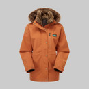 An orange parka jacket with a fur-lined hood and a front zip.