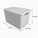 Light grey rectangular storage box with lid displaying dimensions 55 cm length, 35 cm width and 32 cm height, durable woven-style plastic organiser on a plain background.
