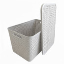 Light grey woven plastic storage basket with removable lid shown open, rectangular design with textured pattern and cut-out handles, practical organiser for household storage and decluttering.
