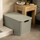 Light grey woven plastic storage basket with lid placed on a carpeted floor beside a wooden side table, stylish home décor storage solution for living room organisation.