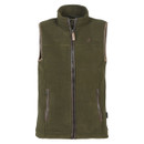 Green fleece vest with a high collar and front zipper, featuring two zippered pockets. It has an outdoor, rugged look, ideal for layering.