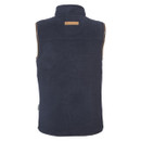 A navy blue sleeveless vest with a high collar viewed from the back. Includes brown trim and a small brown logo patch on the upper back. A navy blue sleeveless vest with a high collar viewed from the back. Includes brown trim and a small brown logo patch on the upper back.