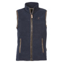 Dark blue fleece vest with brown trim and high collar, featuring a zipper closure and two side pockets. The vest has a casual, outdoor look. Dark blue fleece vest with brown trim and high collar, featuring a zipper closure and two side pockets. The vest has a casual, outdoor look.