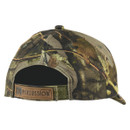 Camouflage baseball cap, displaying an outdoor pattern with branches and leaves. Back view shows an adjustable strap with "Percussion" label. Rugged, nature theme.