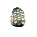 Front view of a grey fuzzy slipper adorned with colourful felt polka dots in pastel shades of green, blue, pink, and white. The slipper has a rounded toe and plush texture, giving it a cosy and playful appearance.