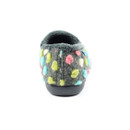 Rear view of a grey fuzzy slipper with a black rubber sole, decorated with multi-coloured felt polka dots in pastel shades of green, blue, pink, and white. The back features a central seam and a soft, plush collar for added comfort.