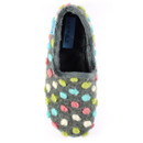 Top view of a grey fuzzy slipper by Lunar Slippers featuring a playful pattern of pastel-coloured felt polka dots in blue, green, pink, and white. The interior lining is a darker plush grey, with a visible blue brand label near the heel.