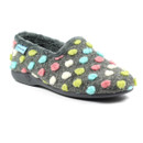 A grey Lunar slipper with a soft, fuzzy exterior and a plush lining, featuring colourful felt polka dots in pastel shades of teal, pink, white, and lime green. The slipper has a low-cut design with a supportive black sole and a small blue fabric tag on the side.