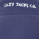 A close up view of the lazy jacks logo to the back of the fleece.