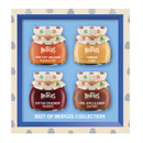 A framed gift set titled “Best of Bridges Collection,” featuring four Mrs Bridges mini jars arranged in a square on a blue background: fine cut orange marmalade, lemon curd, Scottish strawberry preserve and pear, apple & ginger chutney. The cream frame is decorated with blue jar motifs.