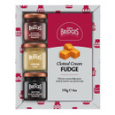 Gift set featuring three mini Mrs Bridges preserves and a box of clotted cream fudge, presented in a decorative frame with red jar motifs.