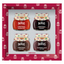 Mrs Bridges Christmas gift set featuring four mini jars — Christmas Marmalade, Christmas Preserve, Christmas Chutney, and Cranberry Sauce with Port — presented in a festive red frame decorated with jar motifs.