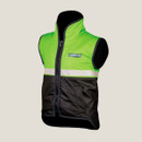Green and black sleeveless vest with a high collar, featuring a white horizontal stripe and zippered front.