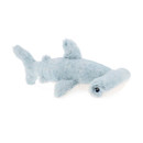 Soft light blue plush shark toy with fluffy fins and embroidered eye, shown on a white background.