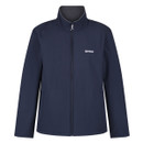 Navy blue jacket with a high collar and front zipper, featuring a small white logo on the left chest. The design is simple and conveys a casual tone. Navy blue jacket with a high collar and front zipper, featuring a small white logo on the left chest. The design is simple and conveys a casual tone.