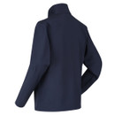 Navy blue jacket shown from the back, featuring a high collar and long sleeves. The fabric is smooth, conveying a sleek and modern design. Navy blue jacket shown from the back, featuring a high collar and long sleeves. The fabric is smooth, conveying a sleek and modern design.