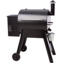 Black pellet grill smoker on wheels against a white background.