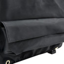 A close up view of a grey Scout & Ranger BBQ Grill Cover on a white background