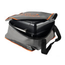 A view of an open grey bbq to go bag on a white background