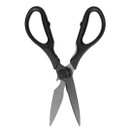 Black-handled kitchen scissors with both straight and serrated blades, opened