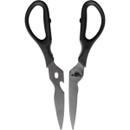 A pair of black-handled scissors with stainless steel blades, featuring a unique notch for added functionality.