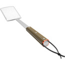 Stainless steel grill spatula with a wooden handle and hanging loop, designed for flipping burgers and other grilled foods.