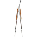 Stainless steel grilling tongs with wooden handle, designed for easy grasping and flipping of food on the grill.