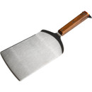 Large stainless steel spatula with a wooden handle and a wrist strap, ideal for grilling and flipping food.