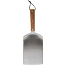 Large stainless steel spatula with a wooden handle and a wrist strap, ideal for grilling and flipping food.