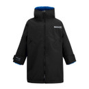 Black waterproof coat with blue fleece lining and high collar. Features zip closure, side pockets, and brand logo on the chest, conveying warmth and style.