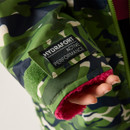 Close-up of a person's hand in a green camo jacket with a "Hydrafort Active Performance" patch. The jacket's interior is lined with pink fleece, conveying warmth.
