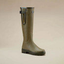 Three-quarter view of a Le Chameau women’s olive green tall wellington boot with adjustable calf gusset and chunky sole.