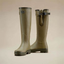 Front and rear view of Le Chameau women’s olive green tall wellington boots with adjustable calf gusset.