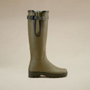 Side view of a Le Chameau women’s olive green tall wellington boot with adjustable gusset and rugged treaded outsole.