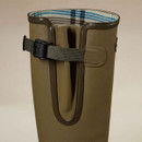 Close-up of a Le Chameau women’s wellington boot showing the adjustable calf gusset, strap and checked jersey lining.
