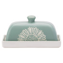 Pale green ceramic butter dish with white tray, floral design and matching knobbed lid.