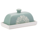 Pale green ceramic butter dish with white rectangular tray, floral design and knobbed lid.