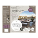 Ad for Bramblecrest L-shaped garden furniture cover with features, dimensions, and a backdrop of an outdoor seating area.