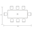 Top-down schematic of a table with chairs and dimension labels (3.1m x 2.7m).