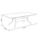 A technical line drawing of a rectangular cast aluminium outdoor dining table with curved legs, shown with full length, width and height dimensions in centimetres.
