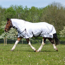 A horse in a white combo fly rug trots in a sunny field with trees in the background.