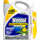 Plastic container of Weedol Path & Gravel Control with a built-in sprayer. Labels highlight "kills weeds" and "results in 3 hours," featuring a dandelion.