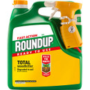 A green and yellow 3-litre container of Roundup weedkiller with a spray nozzle, labelled "Fast Action," "Kills the Roots," and "Degraded in soil."