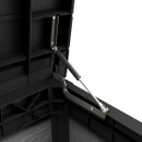 Close-up of the internal hinge and support mechanism inside the garden storage box lid.