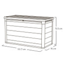 Diagram showing the dimensions of the garden storage box measuring 151.7cm wide, 70cm deep and 72.5cm high.