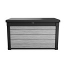 Front view of the grey wood-effect garden storage box with black lid on a plain background.