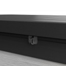Close-up of the built-in lockable latch on the garden storage box lid.