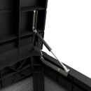 Close-up of the internal hinge and lid support mechanism inside the garden storage box.