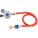 A gas regulator with a pressure gauge, connected to a flexible red hose and a blue fitting end, designed for controlling gas flow.