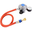 A gas regulator with a metal body, pressure gauge, and a red hose, designed for safely controlling gas flow.